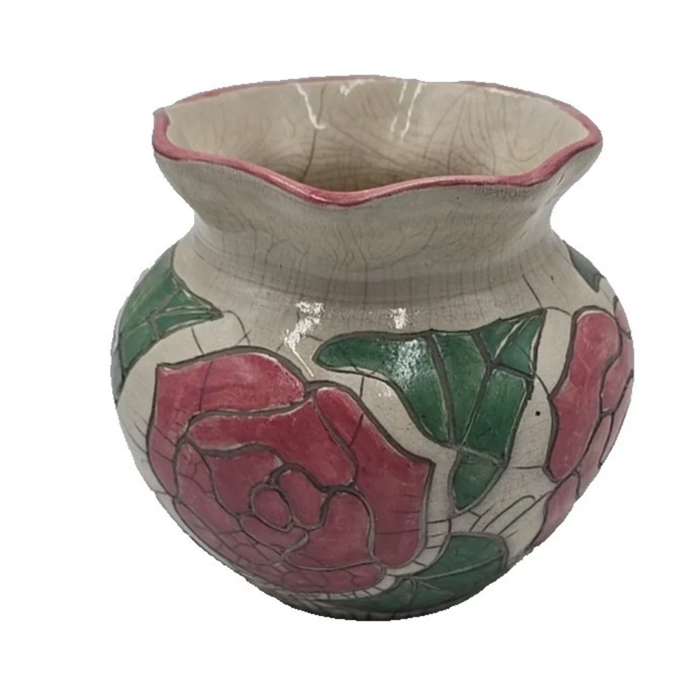 Vintage Rose Floral Ceramic Vase Crackle Glaze Pink Green